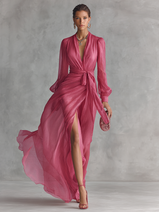 Lola  |  Vestido de gasa rosa con cuello en V