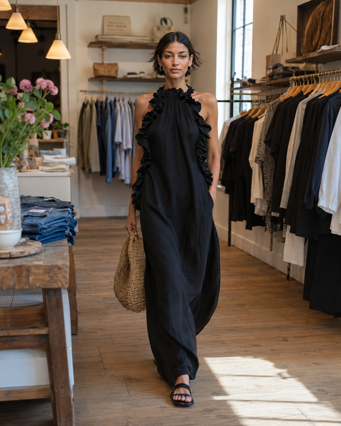 Helene | Vestido largo sin mangas de lino con volantes