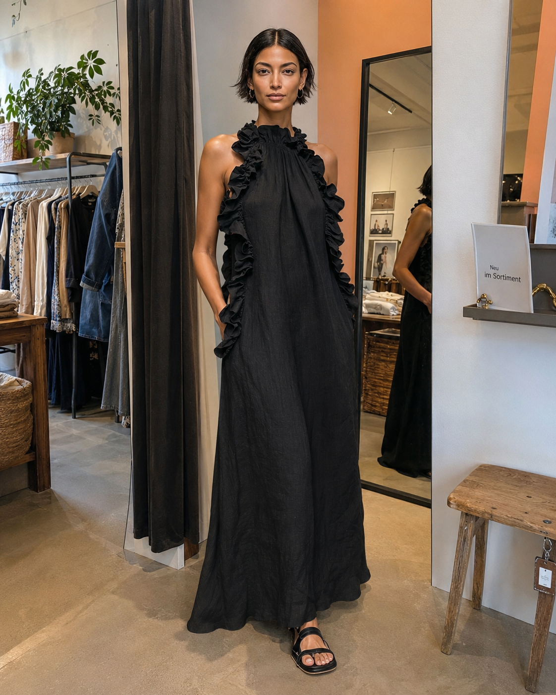 Helene | Vestido largo sin mangas de lino con volantes