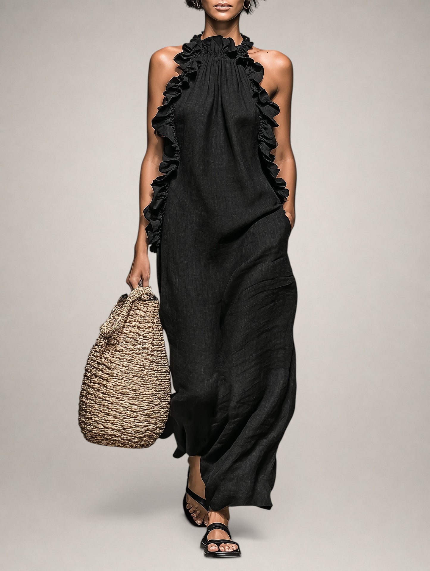 Helene | Vestido largo sin mangas de lino con volantes