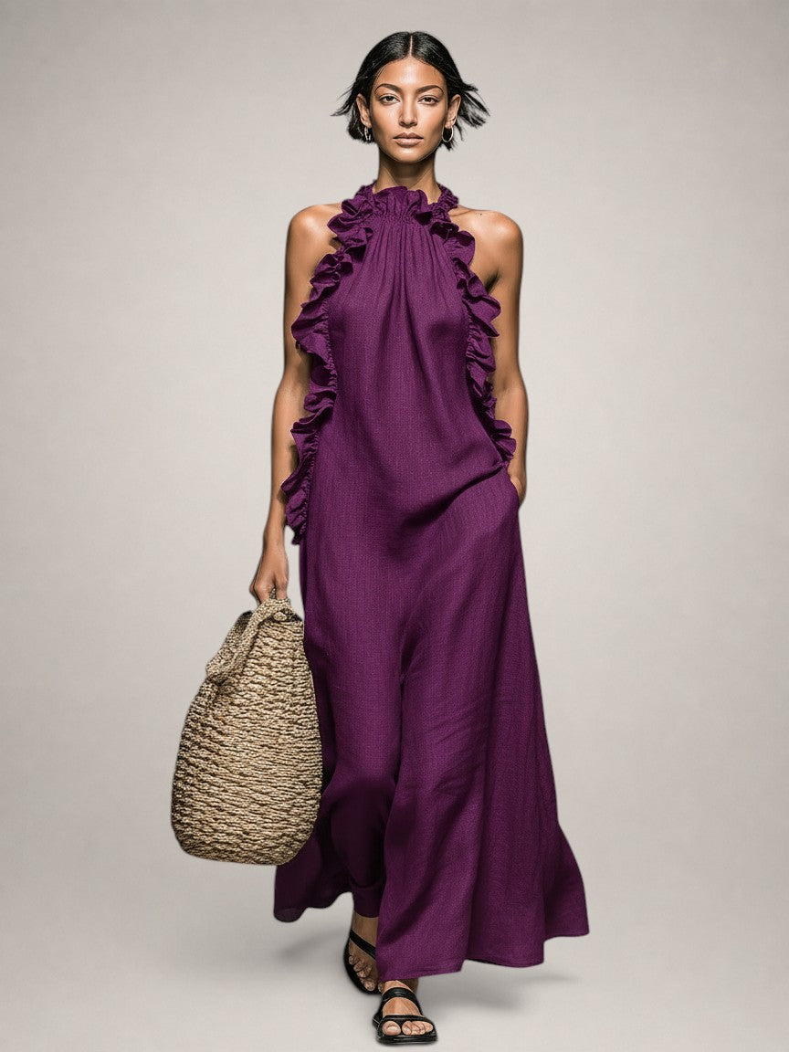 Helene | Vestido largo sin mangas de lino con volantes
