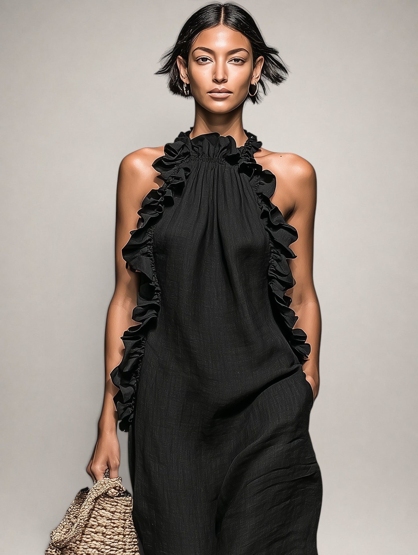 Helene | Vestido largo sin mangas de lino con volantes