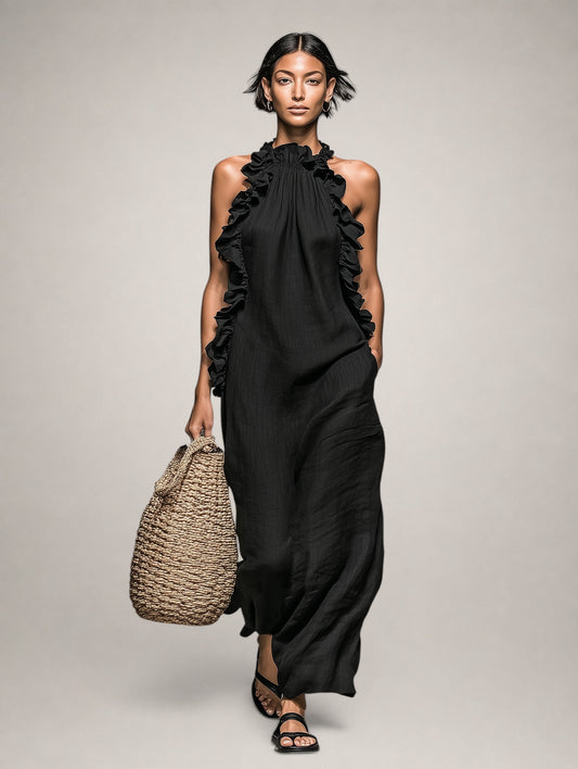 Helene | Vestido largo sin mangas de lino con volantes